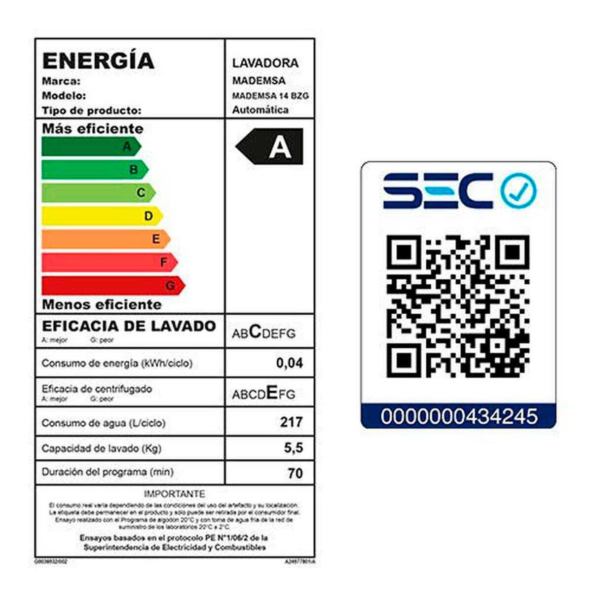 Lavadora Autom&aacute;tica Mademsa 14 BZG 14 kg.
