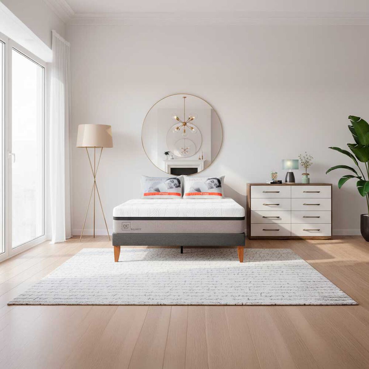 Combo Cama Europea CIC 2 Plazas Balance + C&oacute;moda Casanova Charlotte Nogal 8 Cajones + Pack Almohadas Celta Imperial Soft Blanco 65 x 45 cm