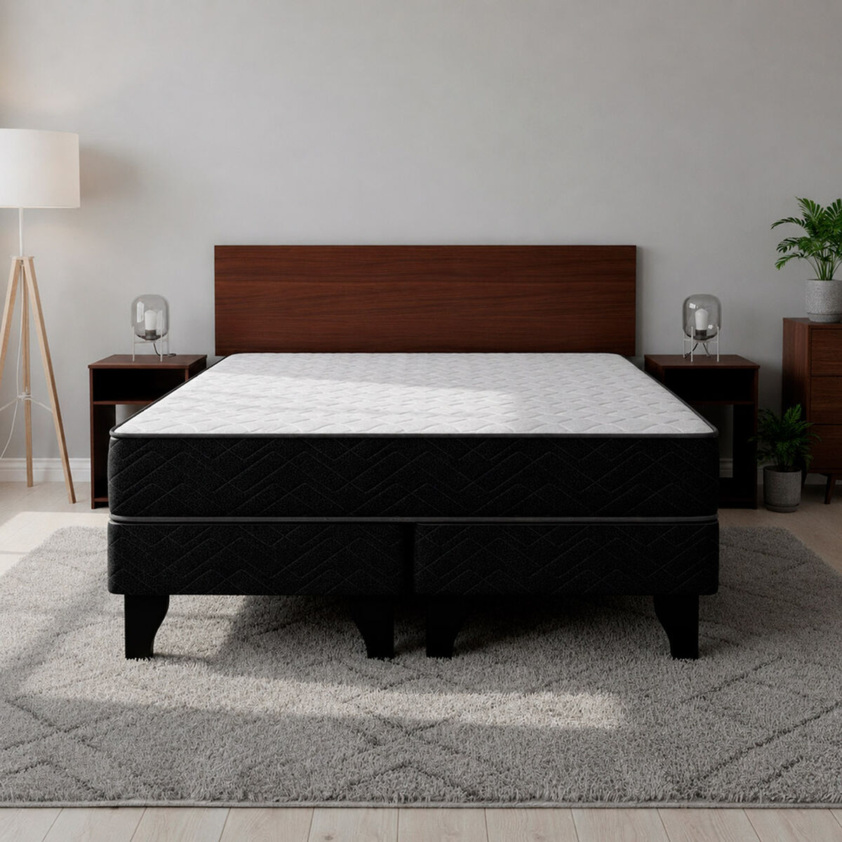 Combo Cama Europea Celta Base Dividida 2 Plazas C&aacute;diz + Respaldo + 2 Veladores Casanova 2 Plazas Nogal
