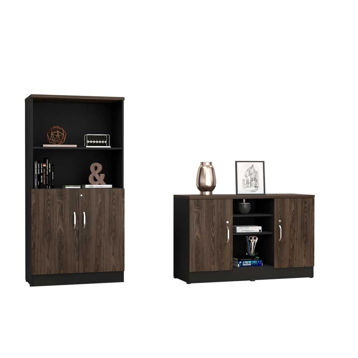Combo Gabinete 2 Puertas + Biblioteca 2 Puertas TuHome Home Office Negro Soft-Co&ntilde;ac