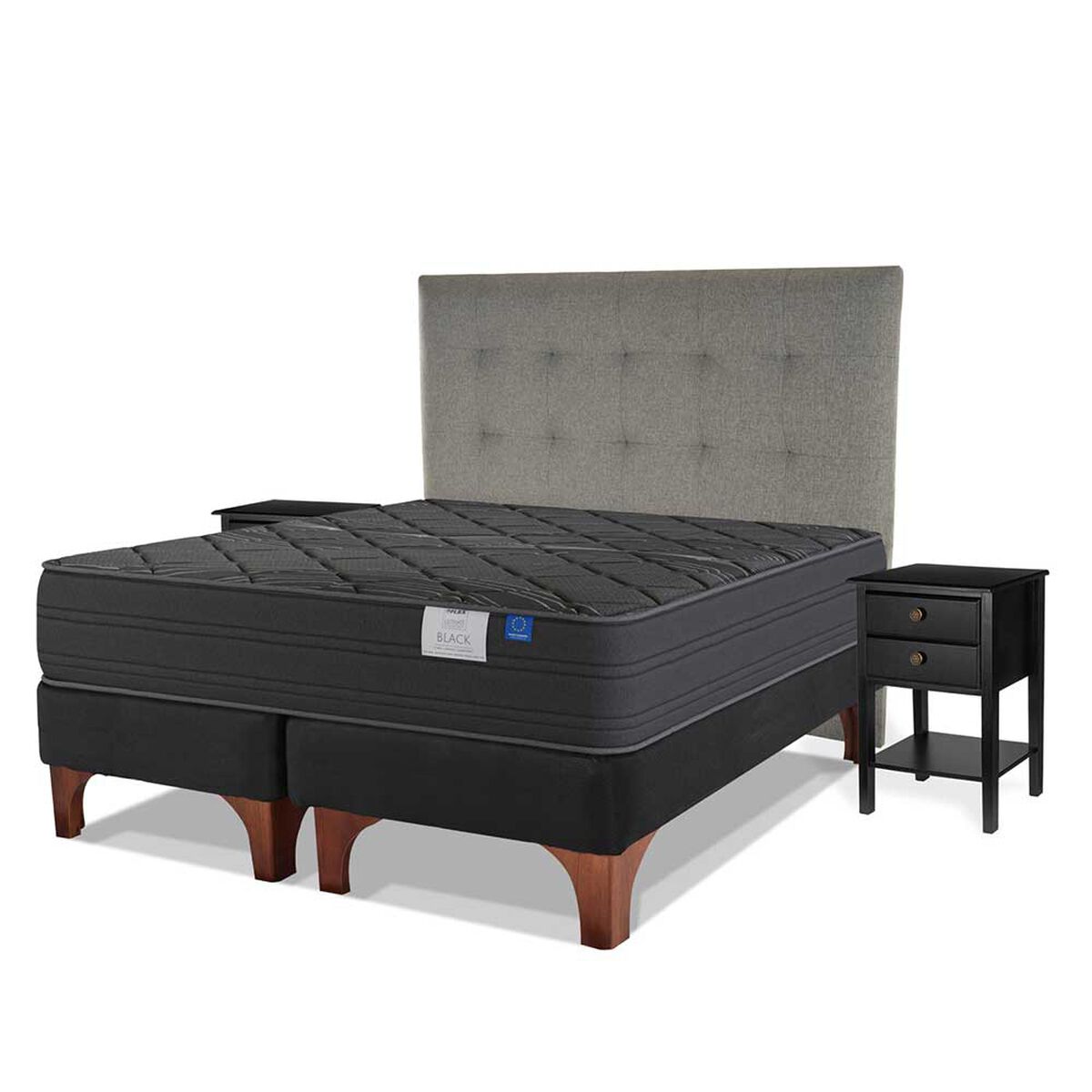 Cama Europea Flex Base Dividida King Black + Respaldo Design Gris + 2 Veladores Rover