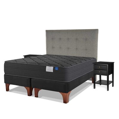 Cama Europea Flex Base Dividida King Black + Respaldo Design Gris + 2 Veladores Rover