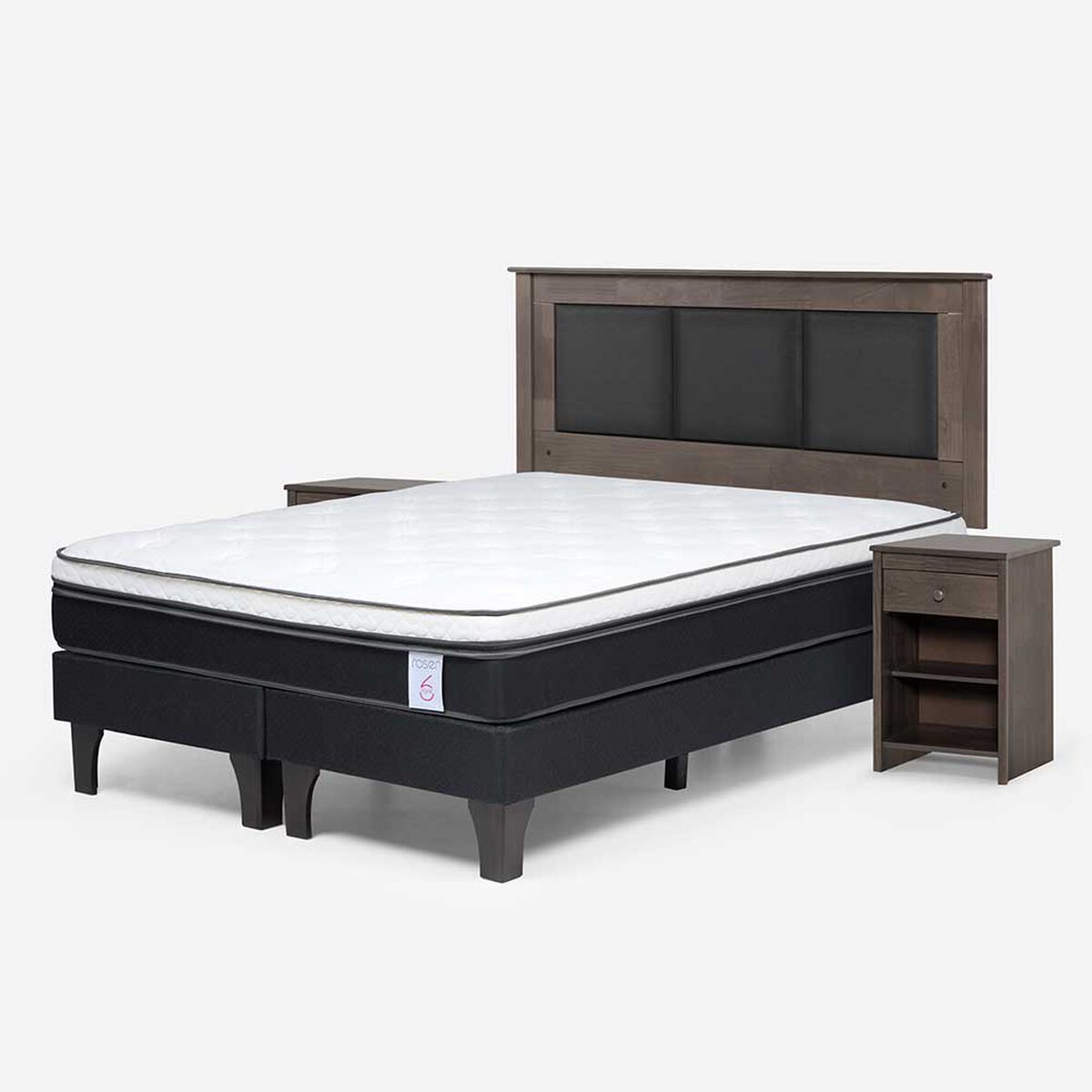 Cama Europea Rosen Base Dividida 2 Plazas New style 6 + Respaldo Rachel Gris + 2 Veladores