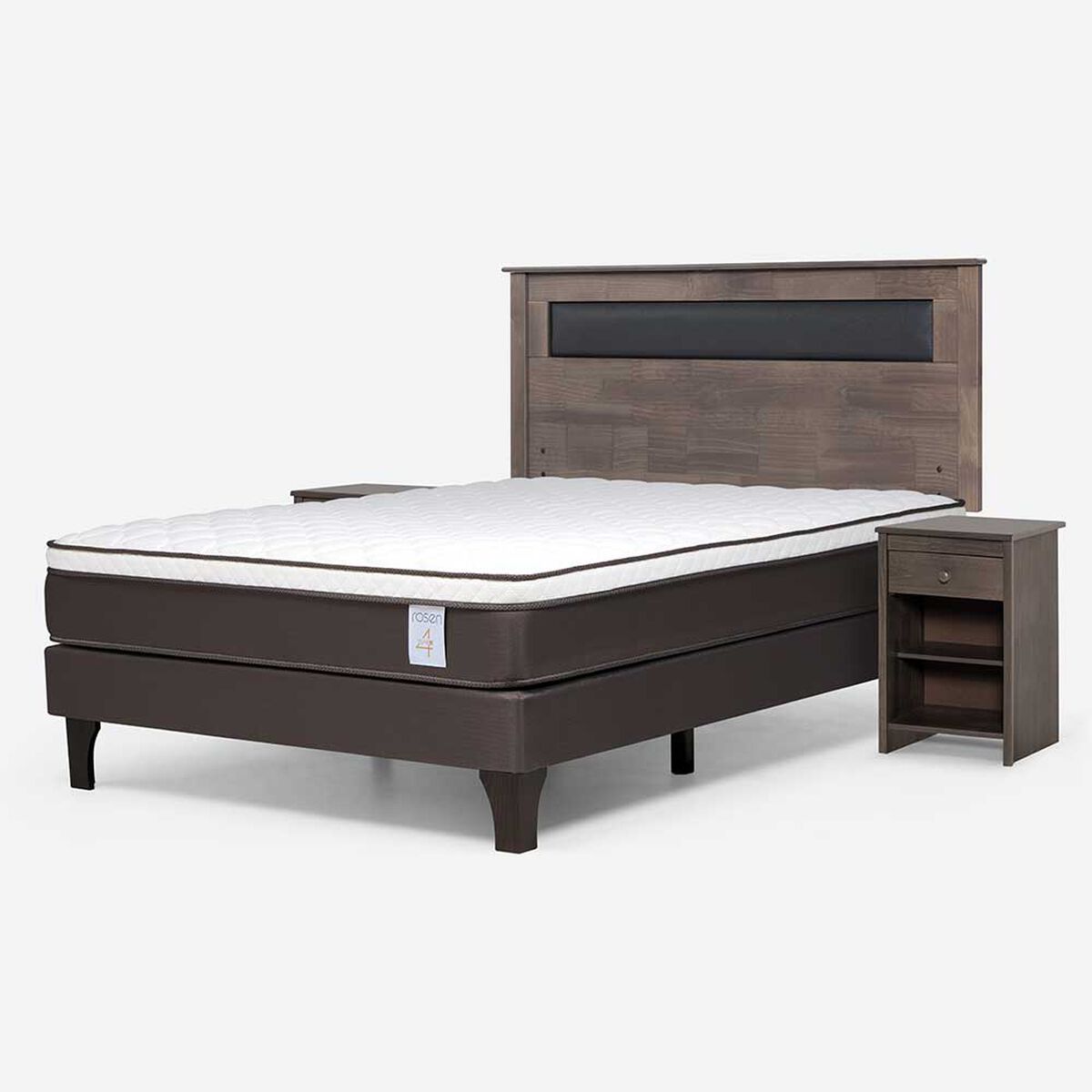 Cama Europea Rosen 2 Plazas New Style 4 Plus + Respaldo Ferrera Gris + 2 Veladores