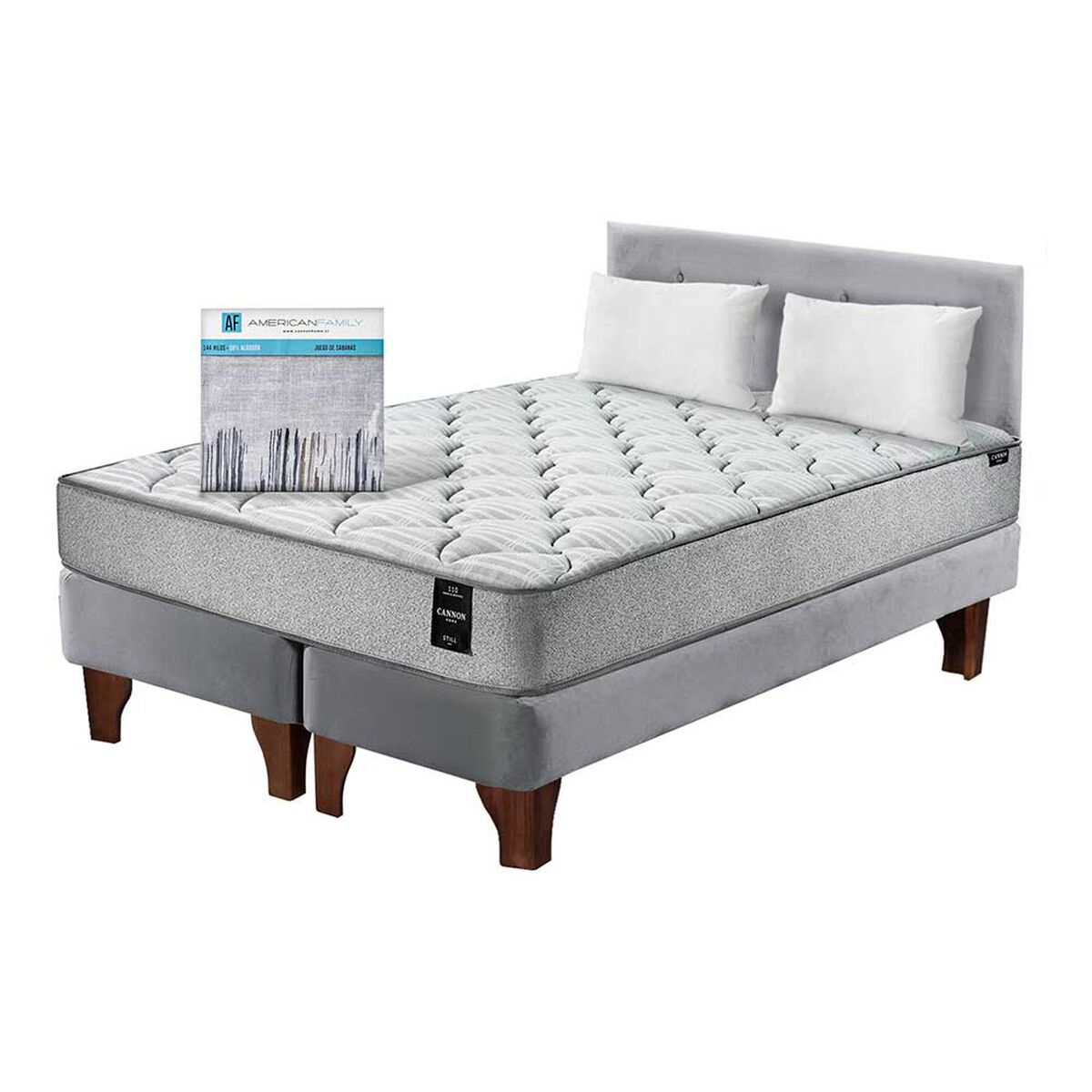 Cama Europea Latam Home Base Dividida 2 Plazas Cannon  + 2 Almohadas + Sábanas + Respaldo Tela Gris