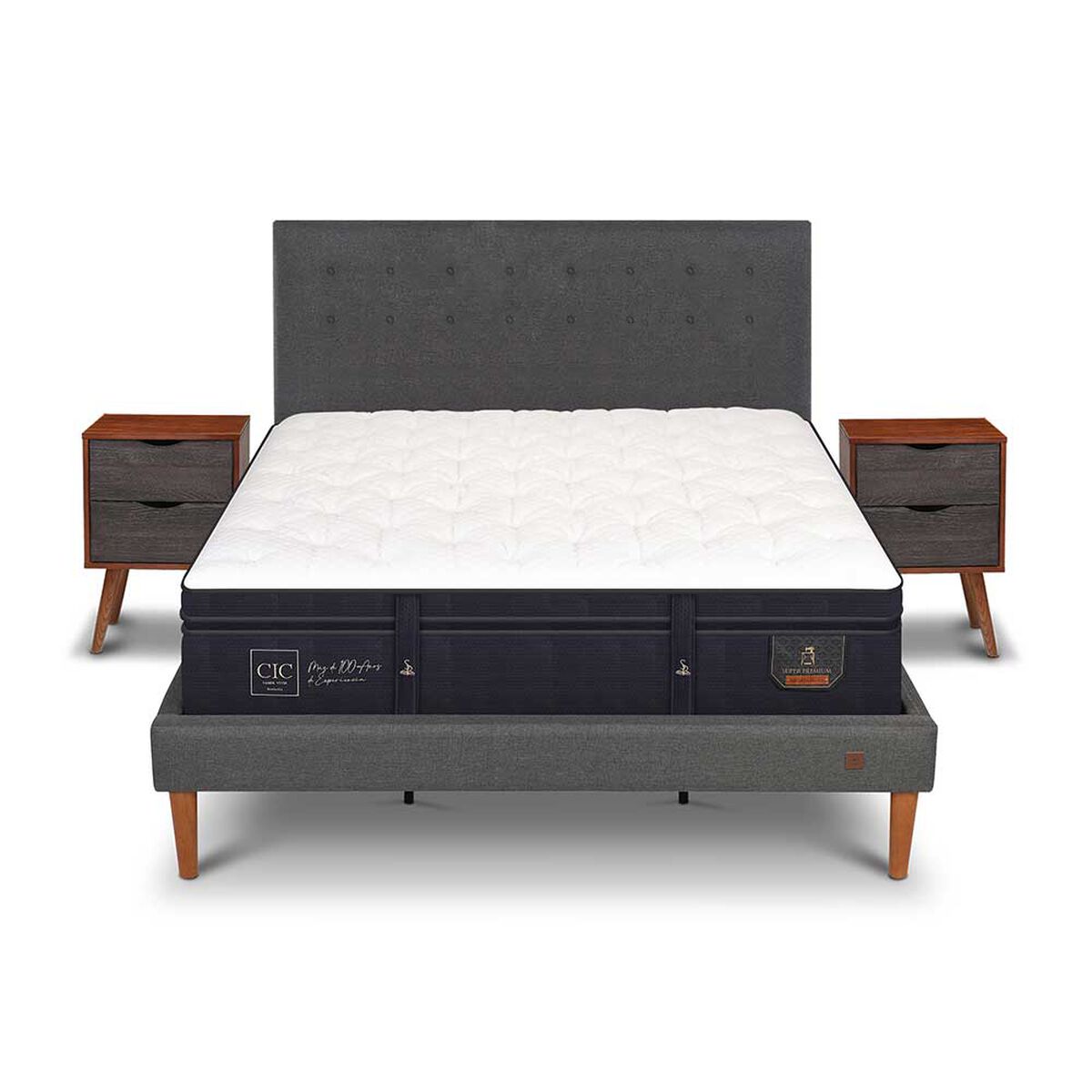 Cama Europea CIC King S&uacute;per Premium + Respaldo + Veladores