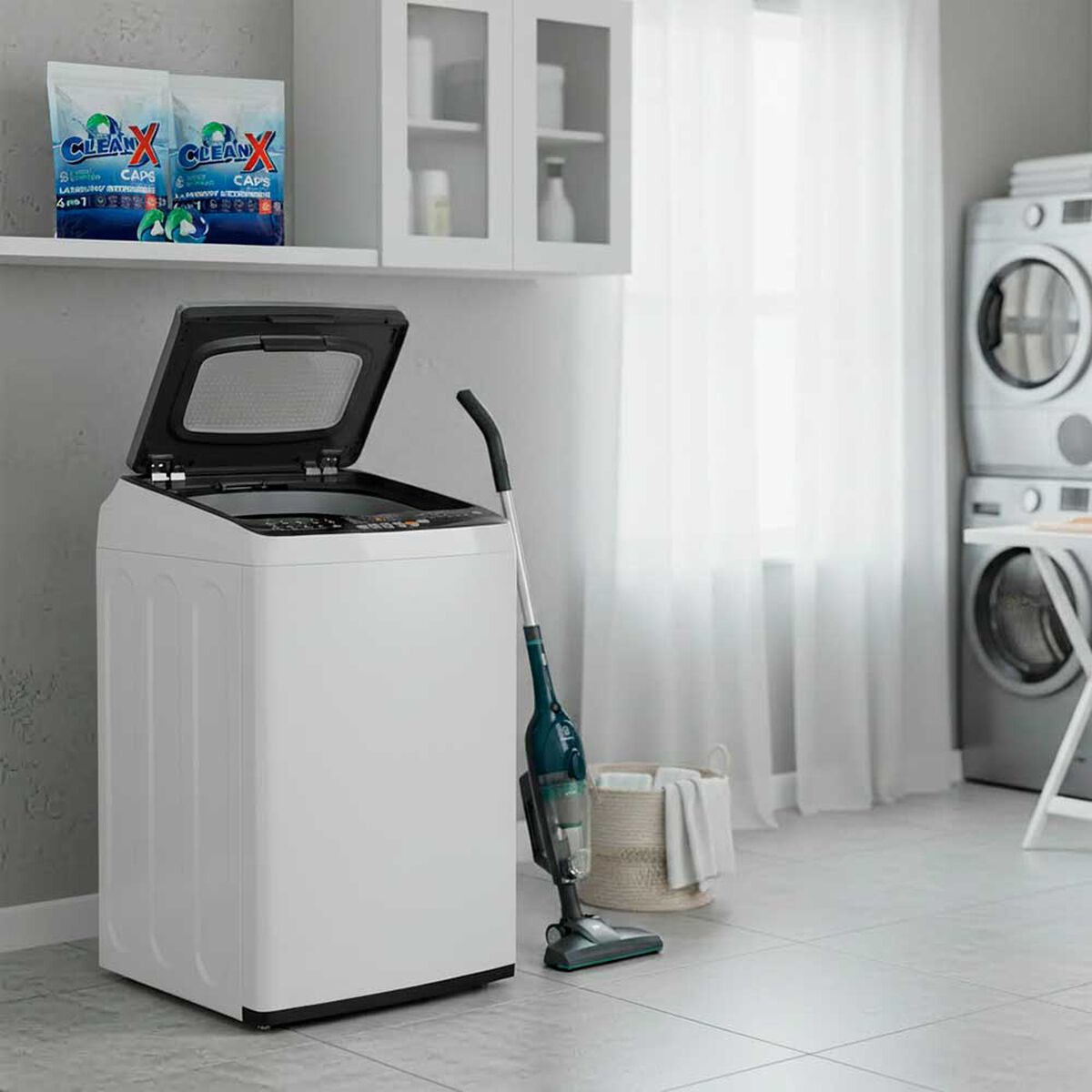 Combo Lavadora Autom&aacute;tica Mademsa 9,5 kg + Aspiradora Vertical Electrolux Super Speed Plus Stk14 Azul + 2 Detergentes CleanX 35 C&aacute;psulas
