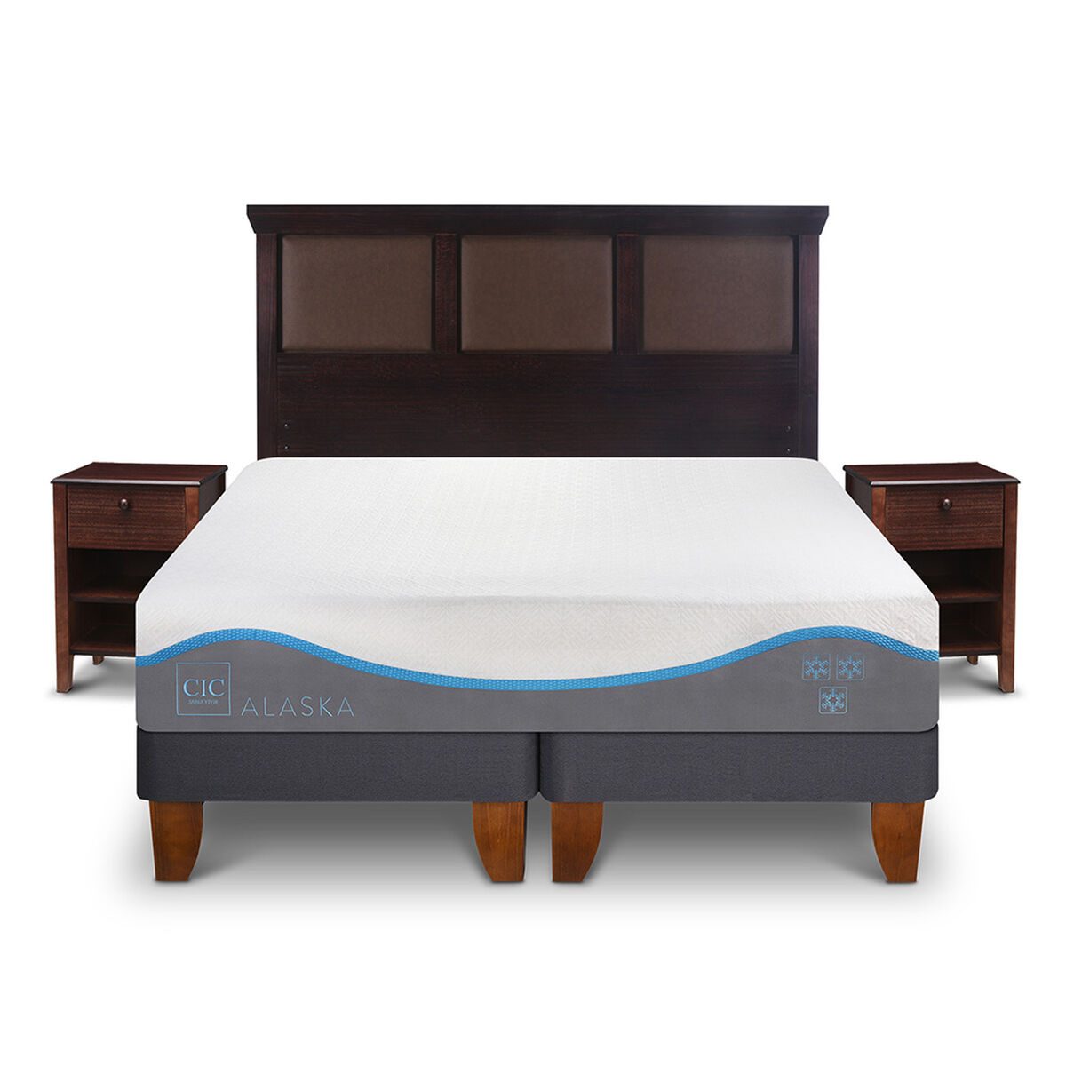 Cama Europea CIC Base Dividida King Alaska + Respaldo + 2 Veladores