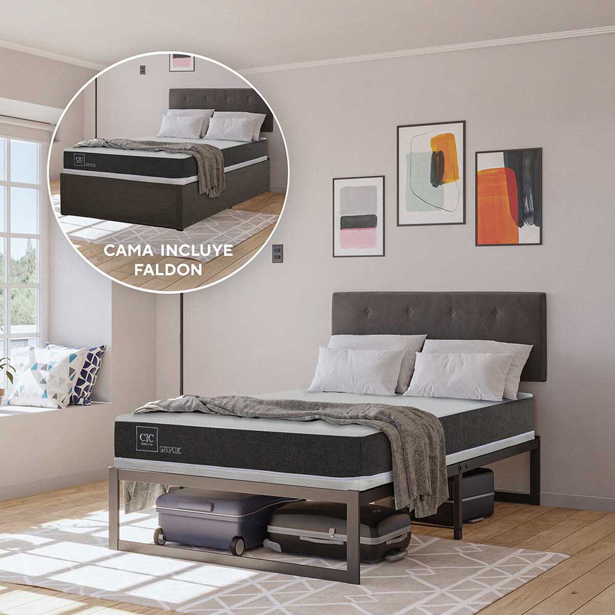 Cama Europea CIC Iron Smart 1,5 Plazas Ortopedic + Respaldo Black Tapizado + Faldón