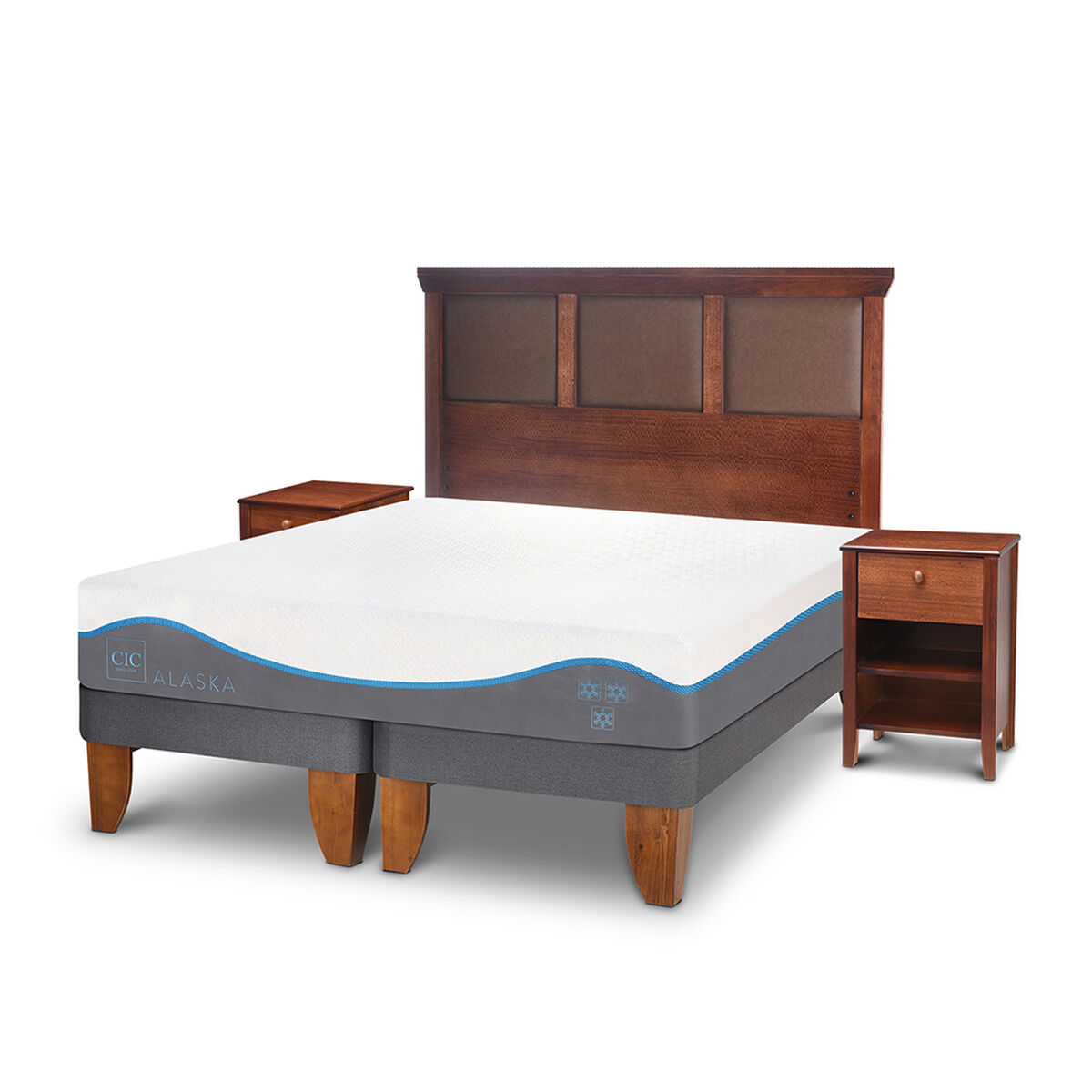 Cama Europea CIC Base Dividida King Alaska + Respaldo + 2 Veladores