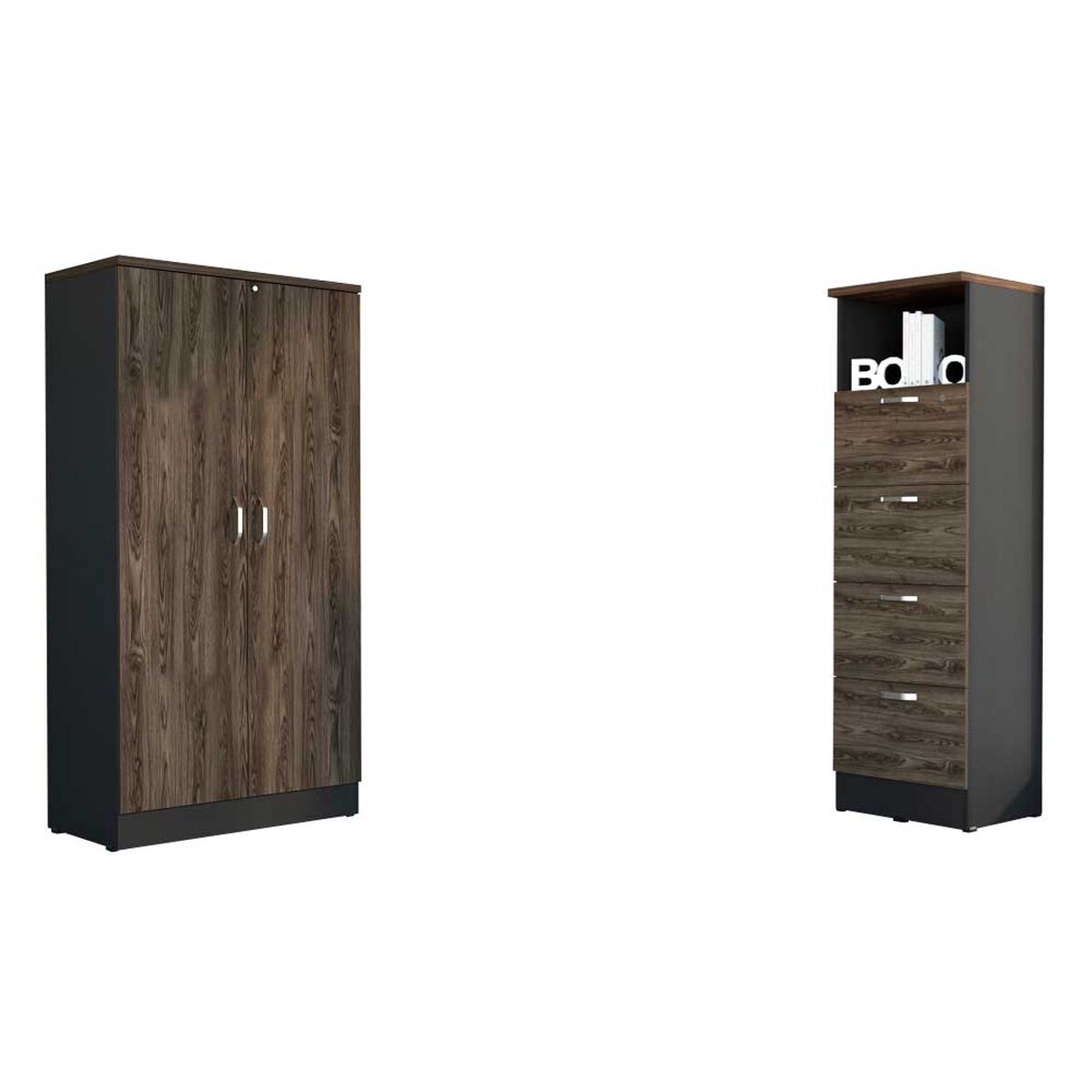 Combo Archivador 4 Cajones + Biblioteca 2 Puertas TuHome Home Office Negro Soft-Coñac