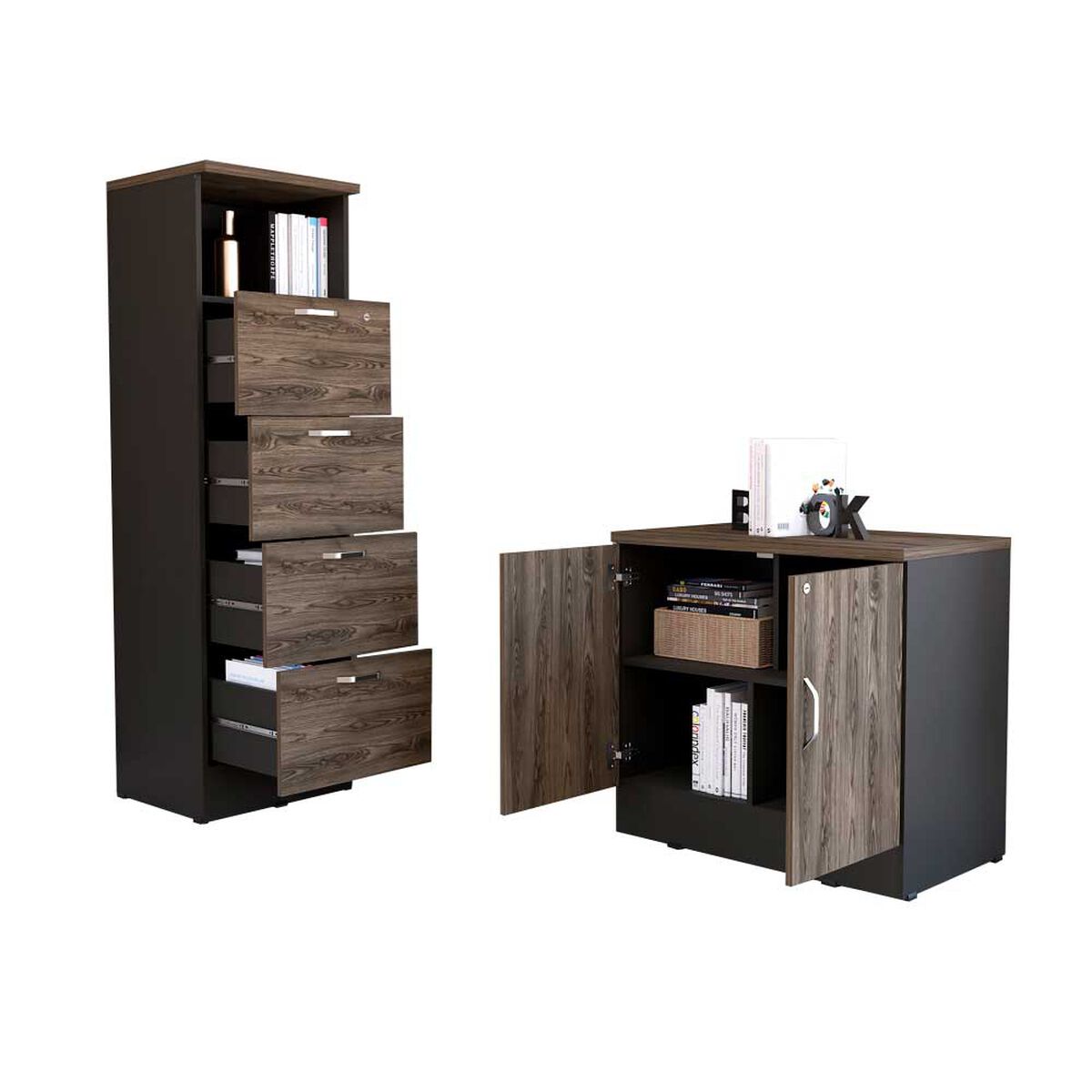 Combo Archivador Alto 4 Cajones + Cajonera 2 Puertas TuHome Home Office Negro Soft-Co&ntilde;ac