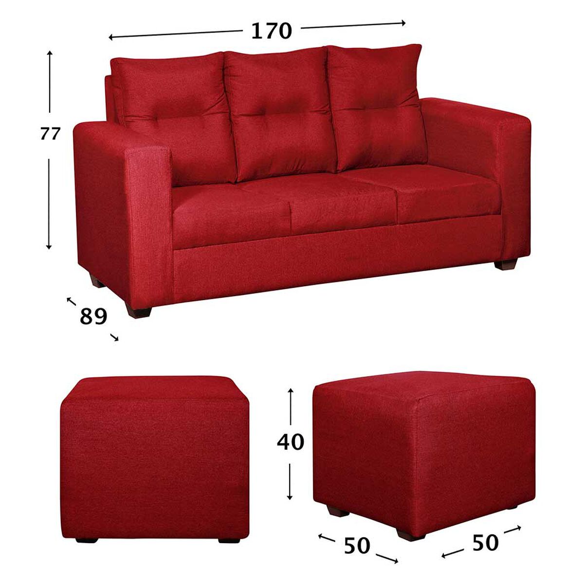 Juego de Living Diseño A&M Home Loreto Sofá 3 Cuerpos + 2 Pouf 1 Cuerpo  Burdeo