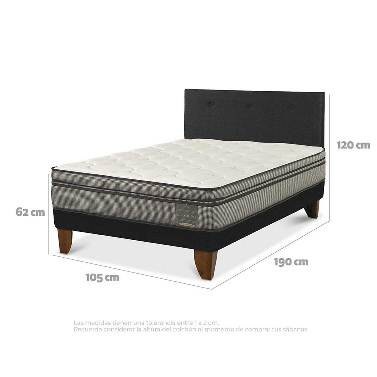Cama Europea Belsogno 1,5 Plazas Signature + Respaldo Black