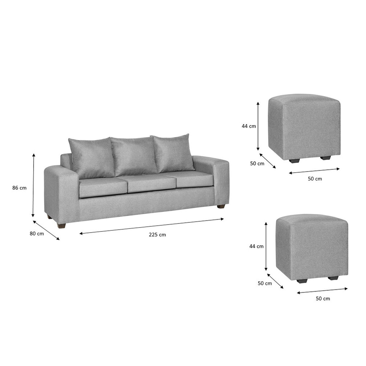 Juego de Living Innovamuebles Kahlo Sofá 3 Cuerpos + Dos Pouf 1 Cuerpo Gris Claro