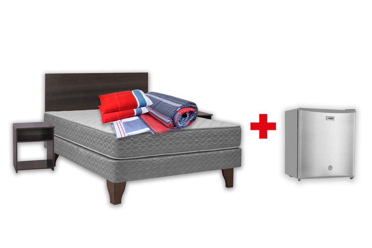 Combo Cama Europea Celta 2 Plazas New Atlantis + Respaldo + 2 Veladores Casanova 2 Plazas Nogal + Set Textiles 2 Plazas Casanova + Almohadas + Frigobar Mabe RMF02LRX0 45 lt