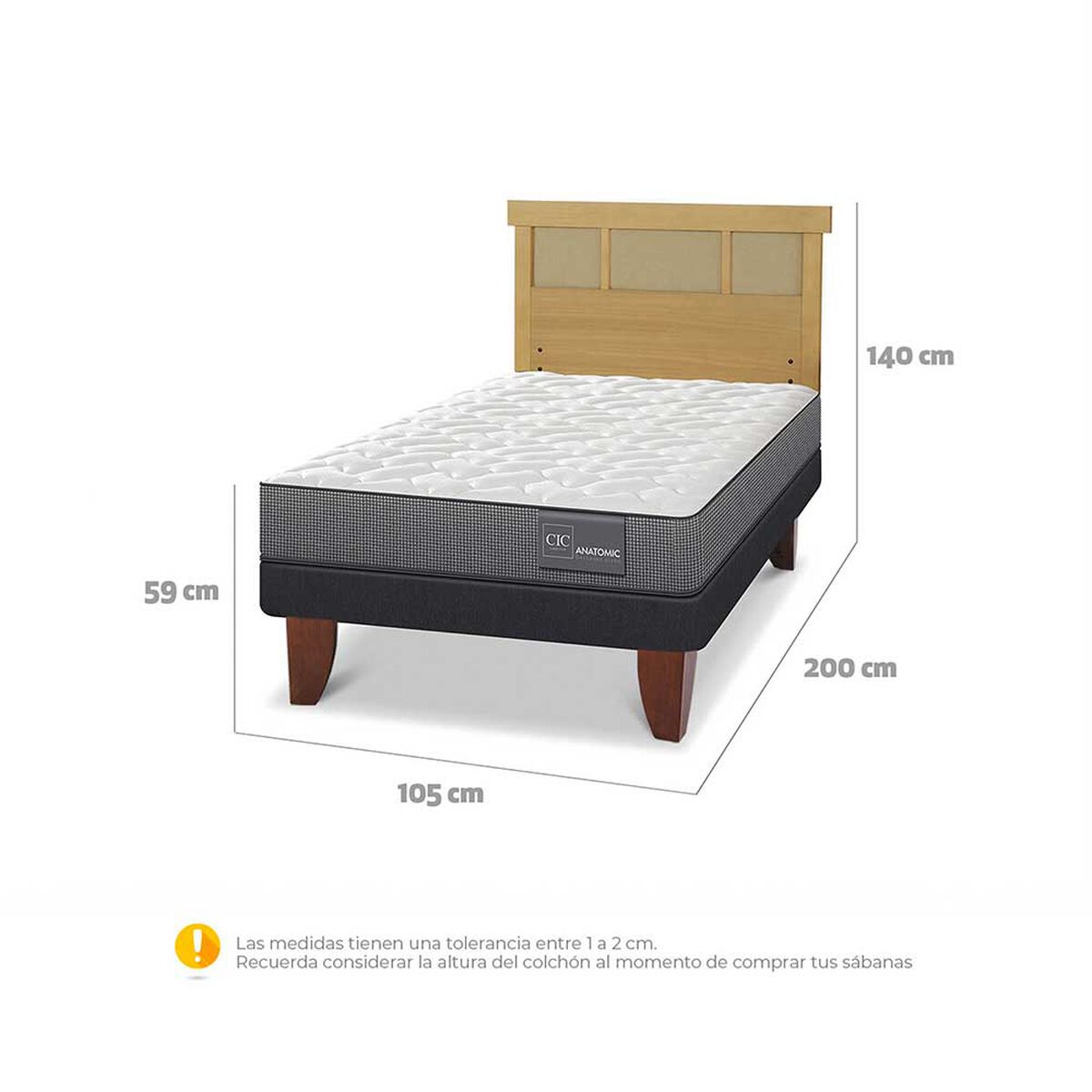 Cama Europea CIC 1,5 Plazas Anatomic + Respaldo Dublin Mostaza