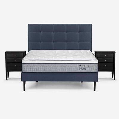 Cama Europea Rosen 2 Plazas Indie + Respaldo + 2 Veladores Issey Azul