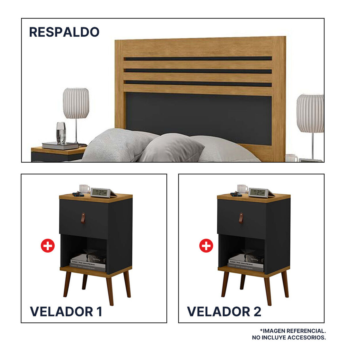 Respaldo + 2 Veladores Casanova 2 Plazas Naturale Negro