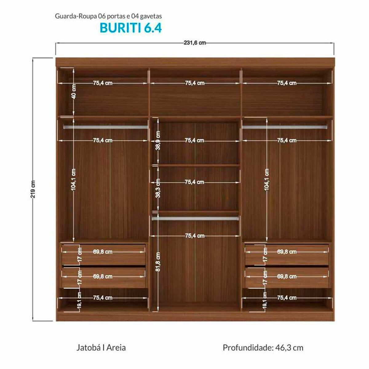 Cl&oacute;set Onessta Buriti 6 Puertas 4 Cajones Jatoba Arena