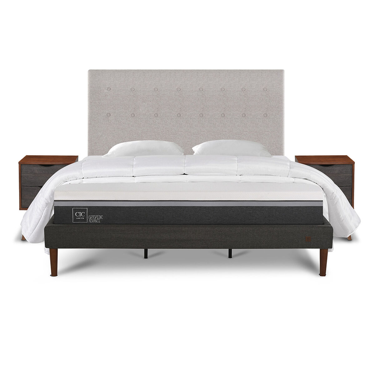 Cama Europea CIC King Ortopedic Advance + Respaldo Tigris + 2 Veladores + Almohadas + Plum&oacute;n