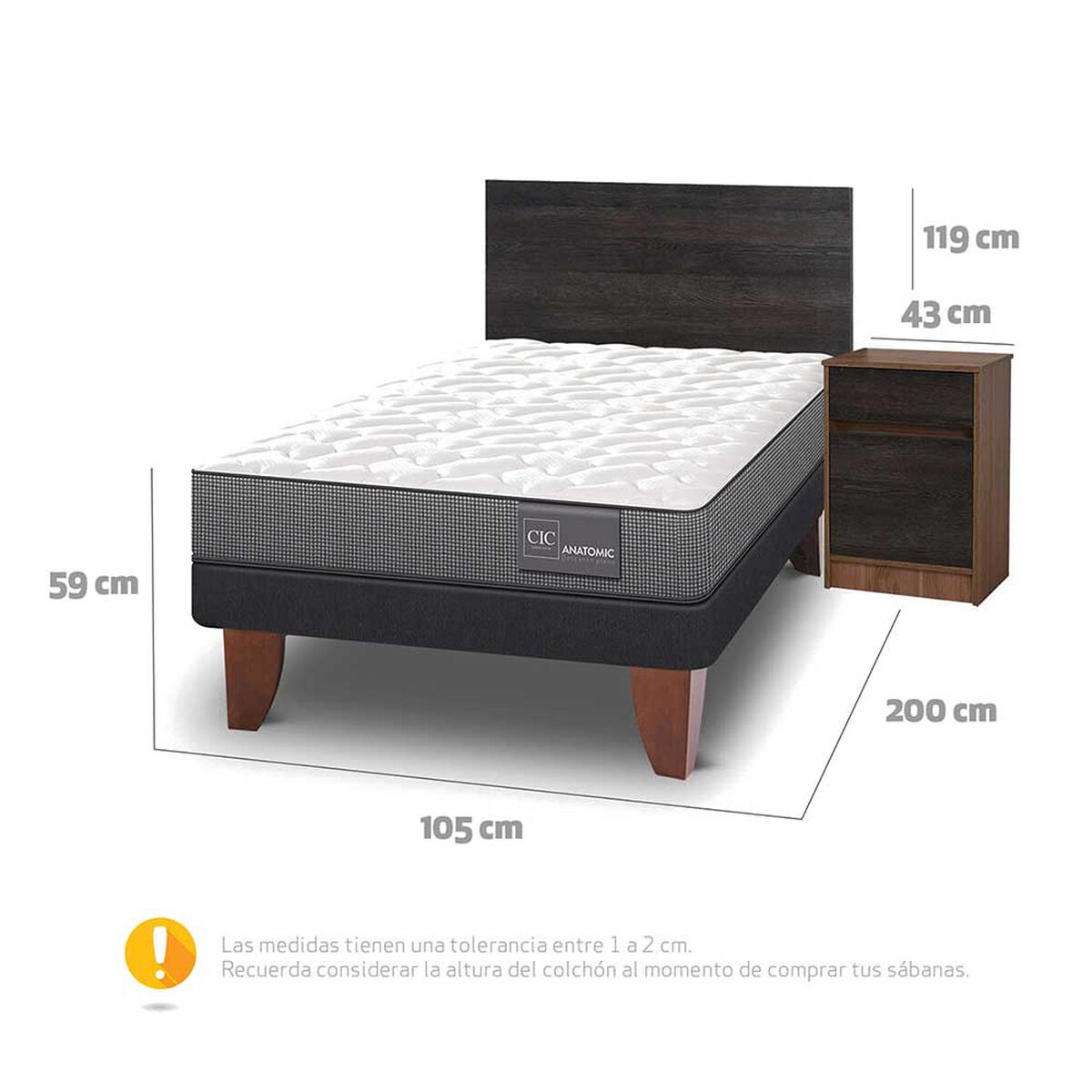 Cama Europea CIC 1,5 Plazas Anatomic + Respaldo + Velador Espresso