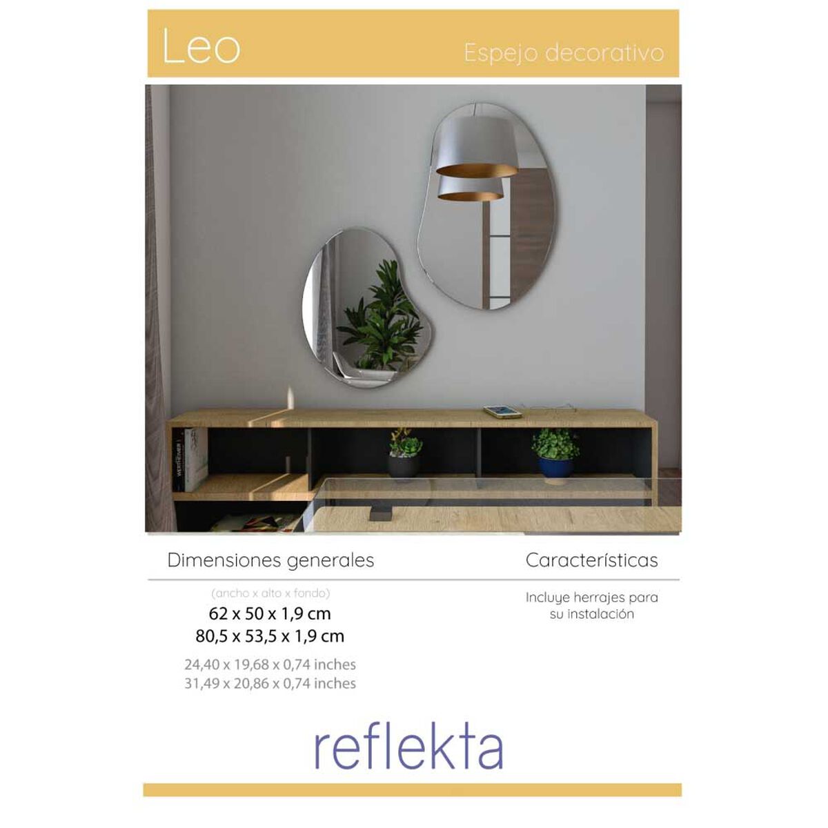 Espejo de Vidrio TuHome Fluye Leo 80,5 x 53,5 cm