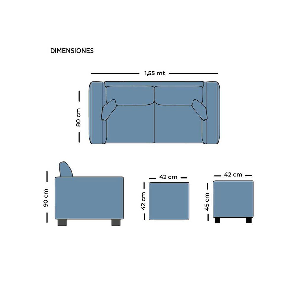 Juego de Living Living Factory Imperio Sofá 2 Cuerpos + Dos Pouf 1 Cuerpo Azul
