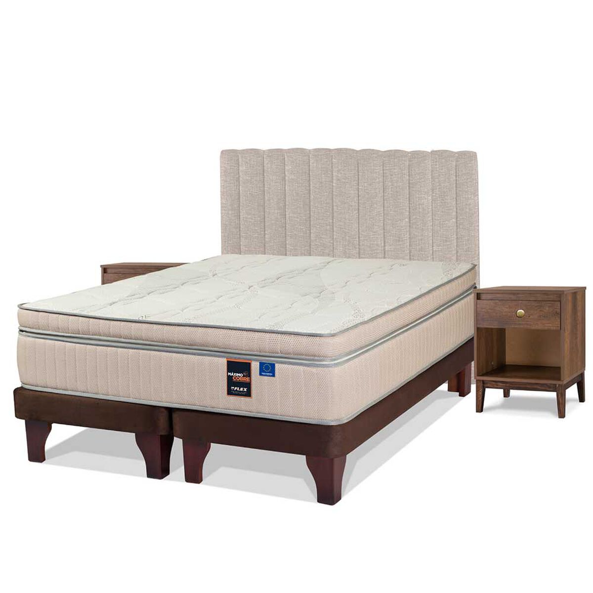 Cama Europea Flex Base Dividida 2 Plazas Máximo Cobre  + Respaldo Tubular Beige + 2 Veladores Atenas