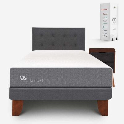 Cama Europea CIC 1,5 Plazas Smart + Respaldo Tapizado Eufrates + Velador Niger