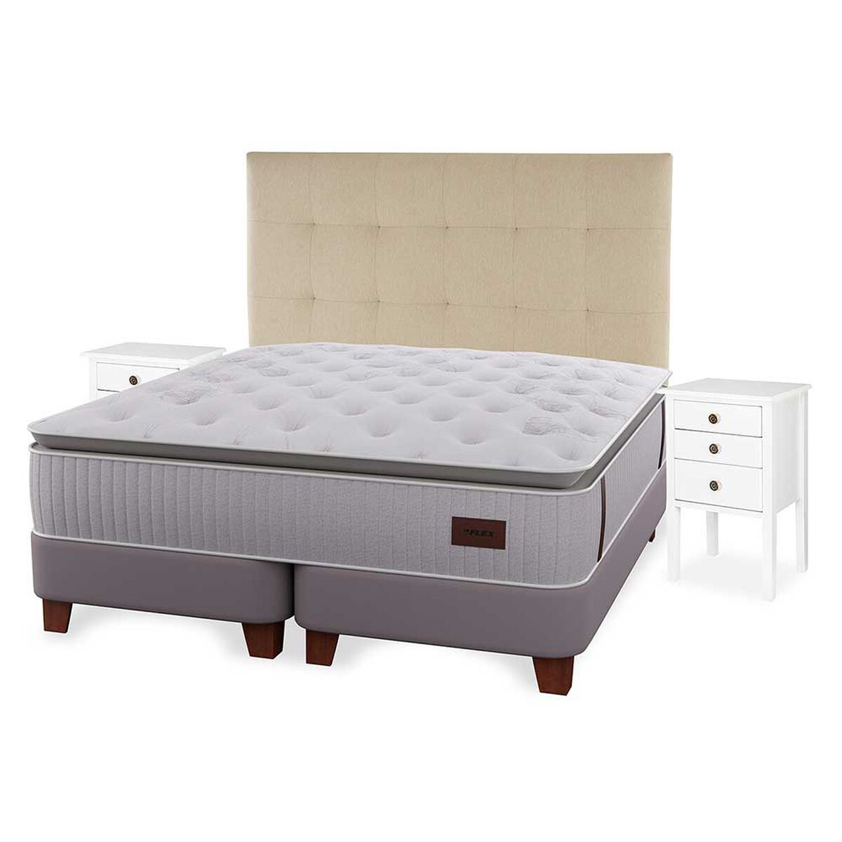 Cama Europea Flex King  Heritage + Respaldo Design Crudo + Veladores Roma