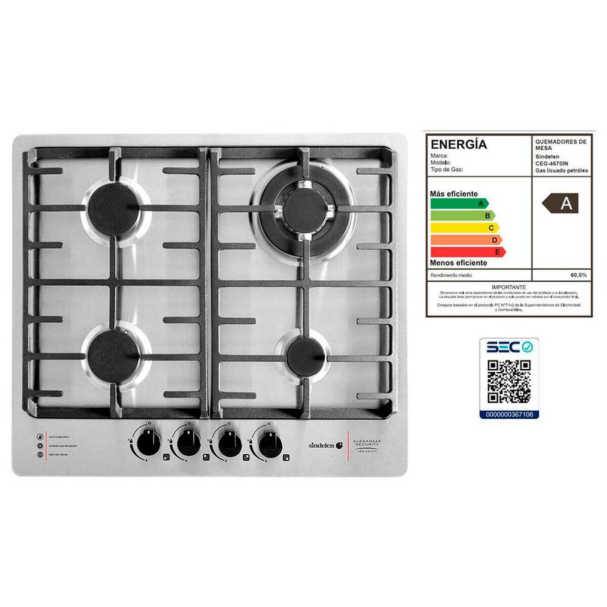 Encimera a Gas Sindelen CEG-4670IN 4 Quemadores