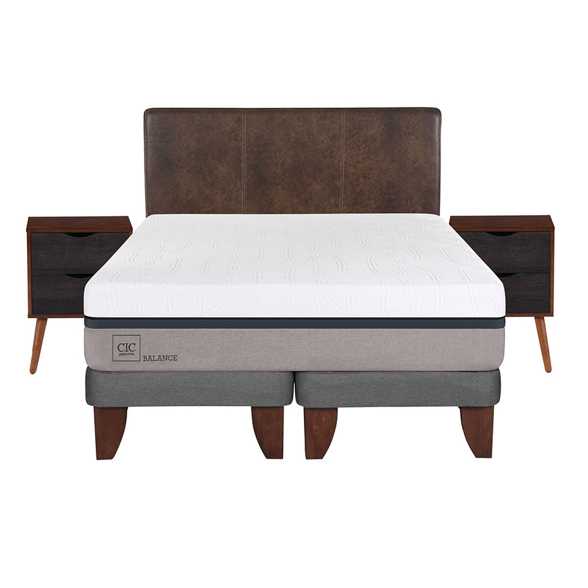 Cama Europea CIC Base Dividida 2 Plazas Balance + Respaldo + 2 Veladores Baker