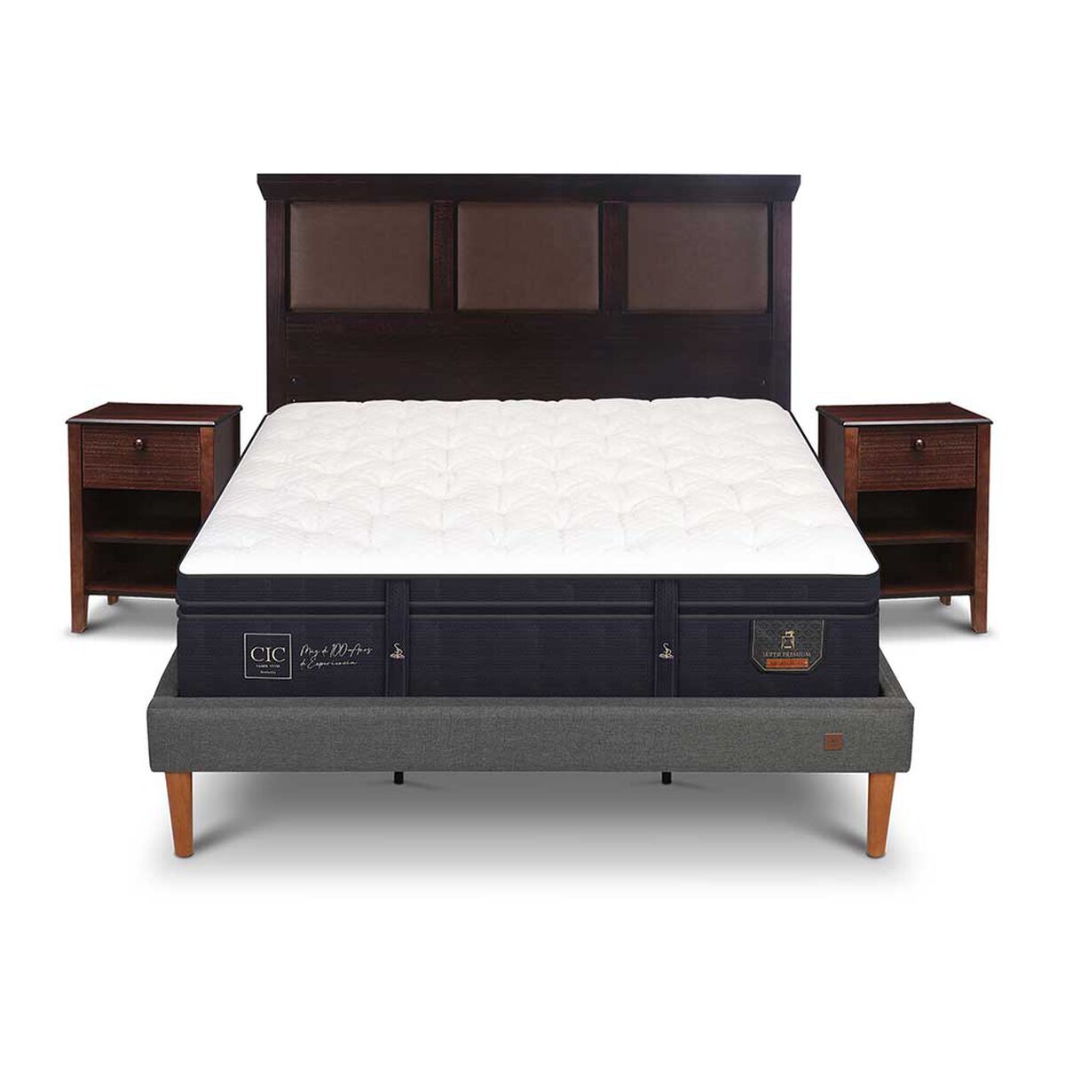 Cama Europea CIC King S&uacute;per Premium + Respaldo + Veladores