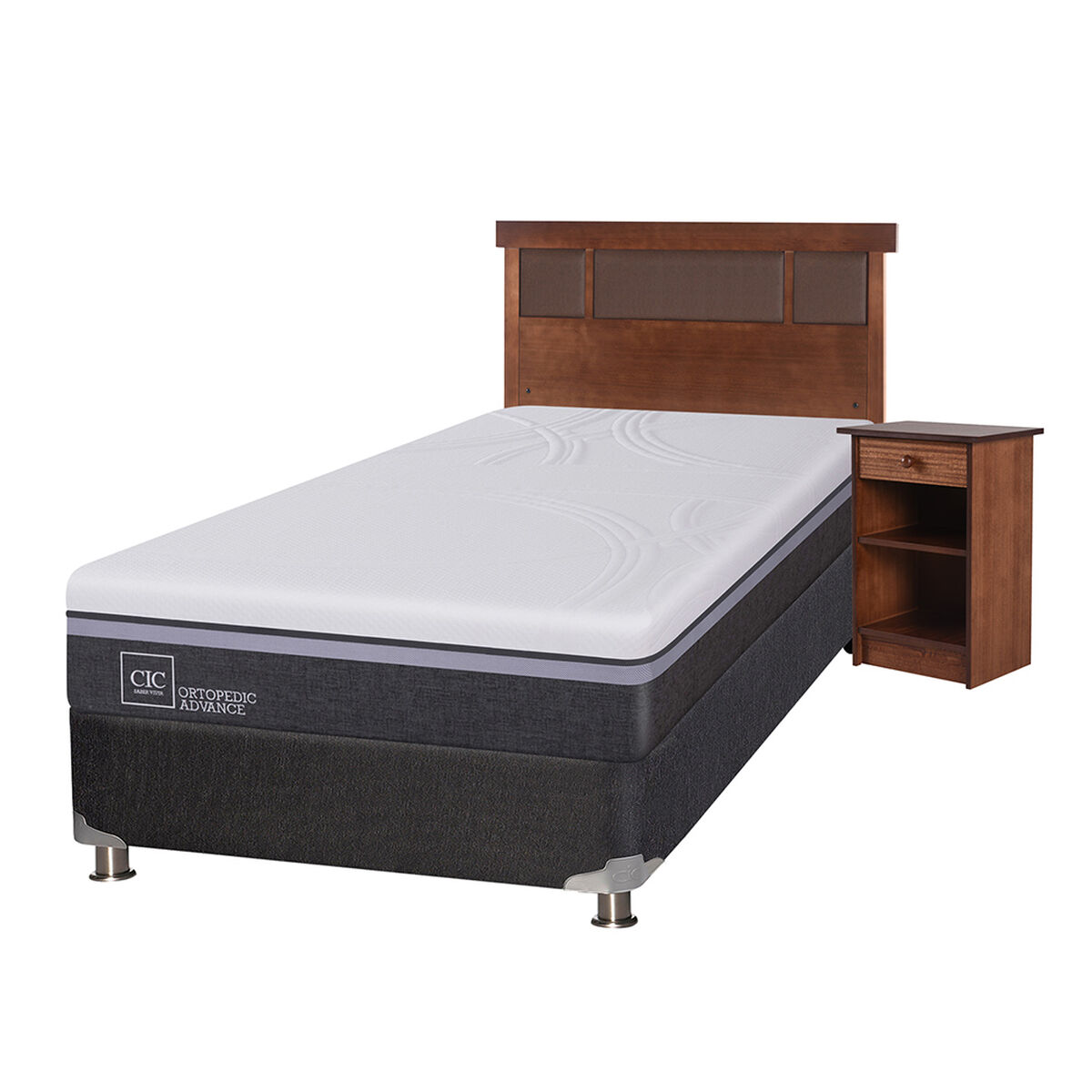 Box Spring CIC 1,5 Plazas Ortopedic Advance + Respaldo + Velador New Dublin