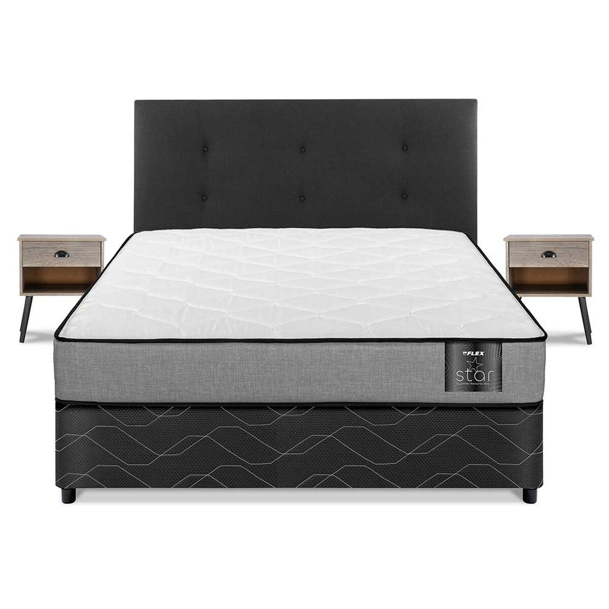 Cama Americana Flex 2 Plazas Star + Respaldo Royal Negro + 2 Veladores Rock