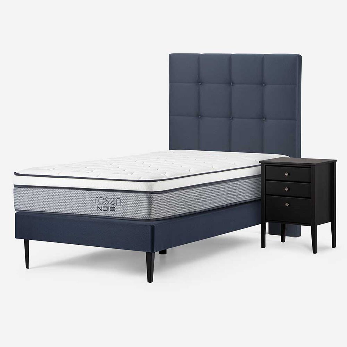 Cama Europea Rosen 1 Plaza Indie + Respaldo + Velador Issey Azul