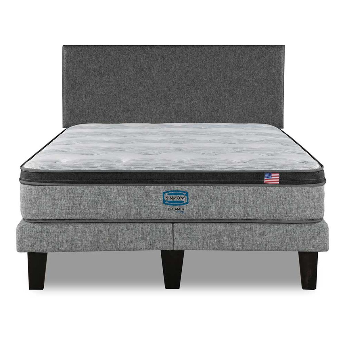 Cama Europea Simmons 2 Plazas Dreamer Plazasus Box + Respaldo Praga Gris