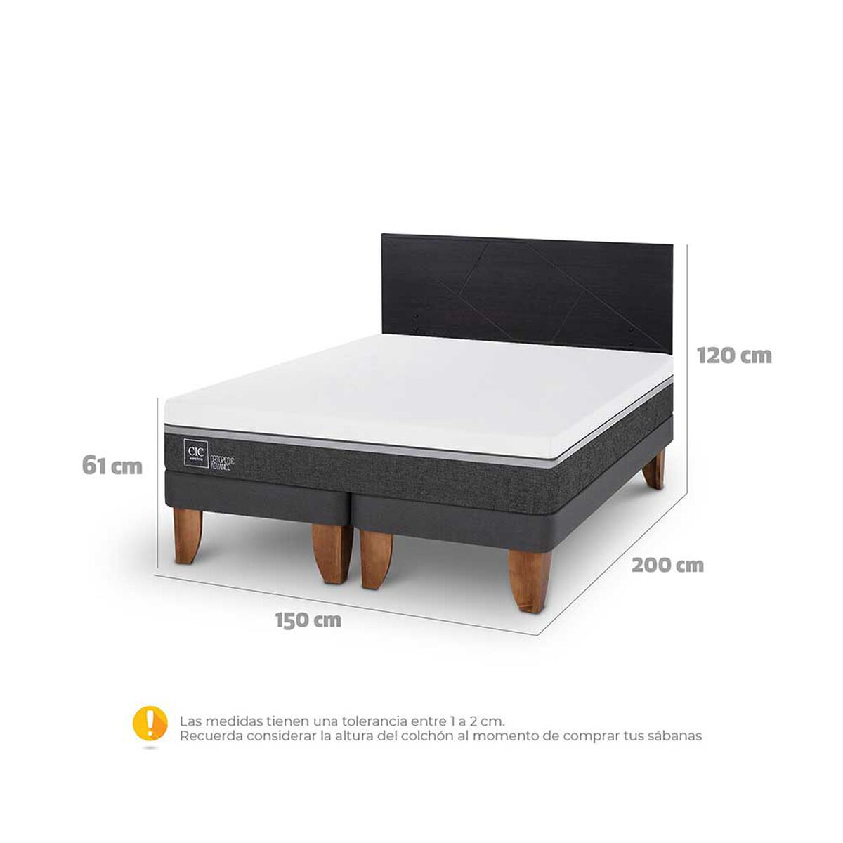 Cama Europea CIC Base Dividida 2 Plazas Ortopedic Advance + Respaldo Villarrica Negro