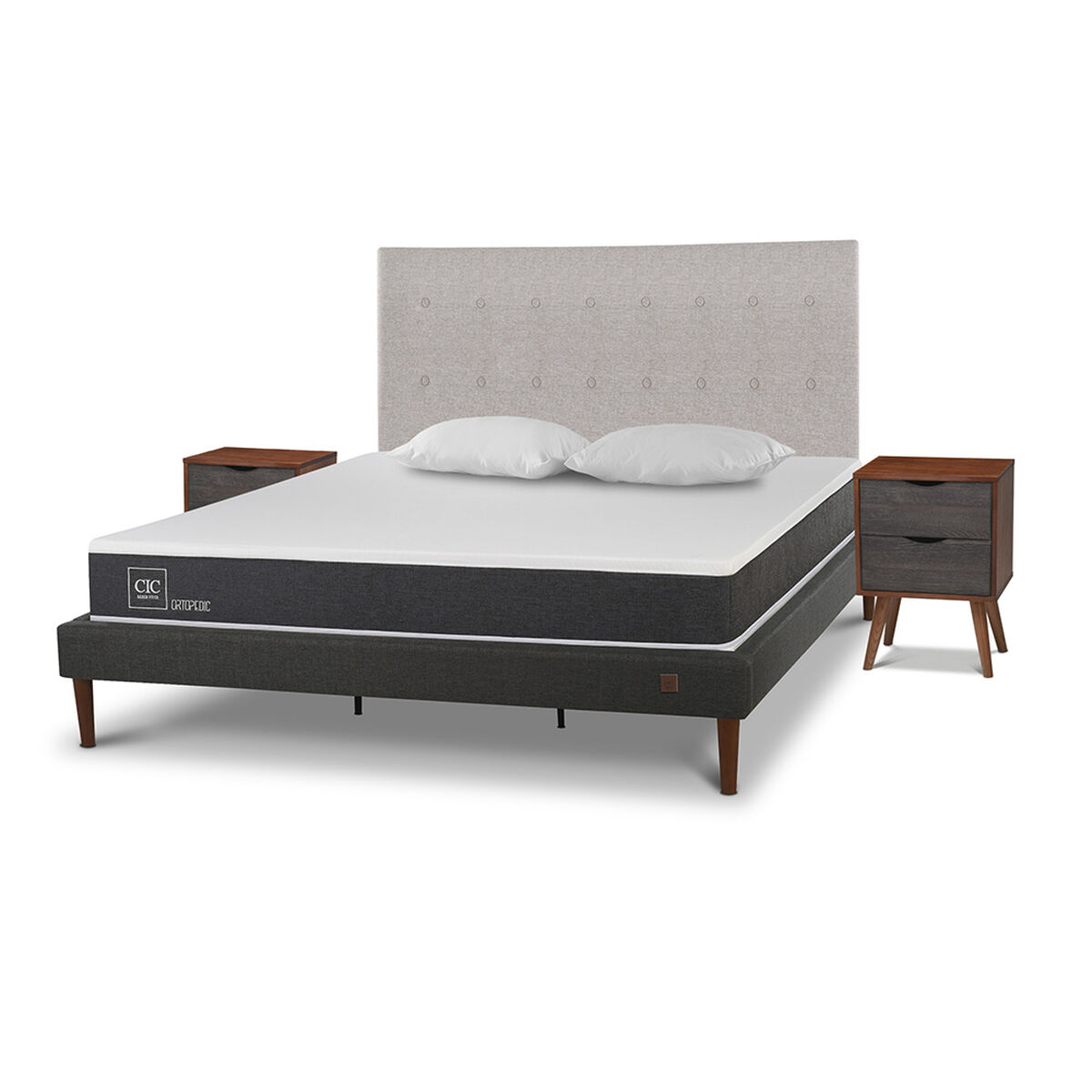 Cama Europea CIC King New Ortopedic + Respaldo Tigris + 2 Veladores + Almohadas