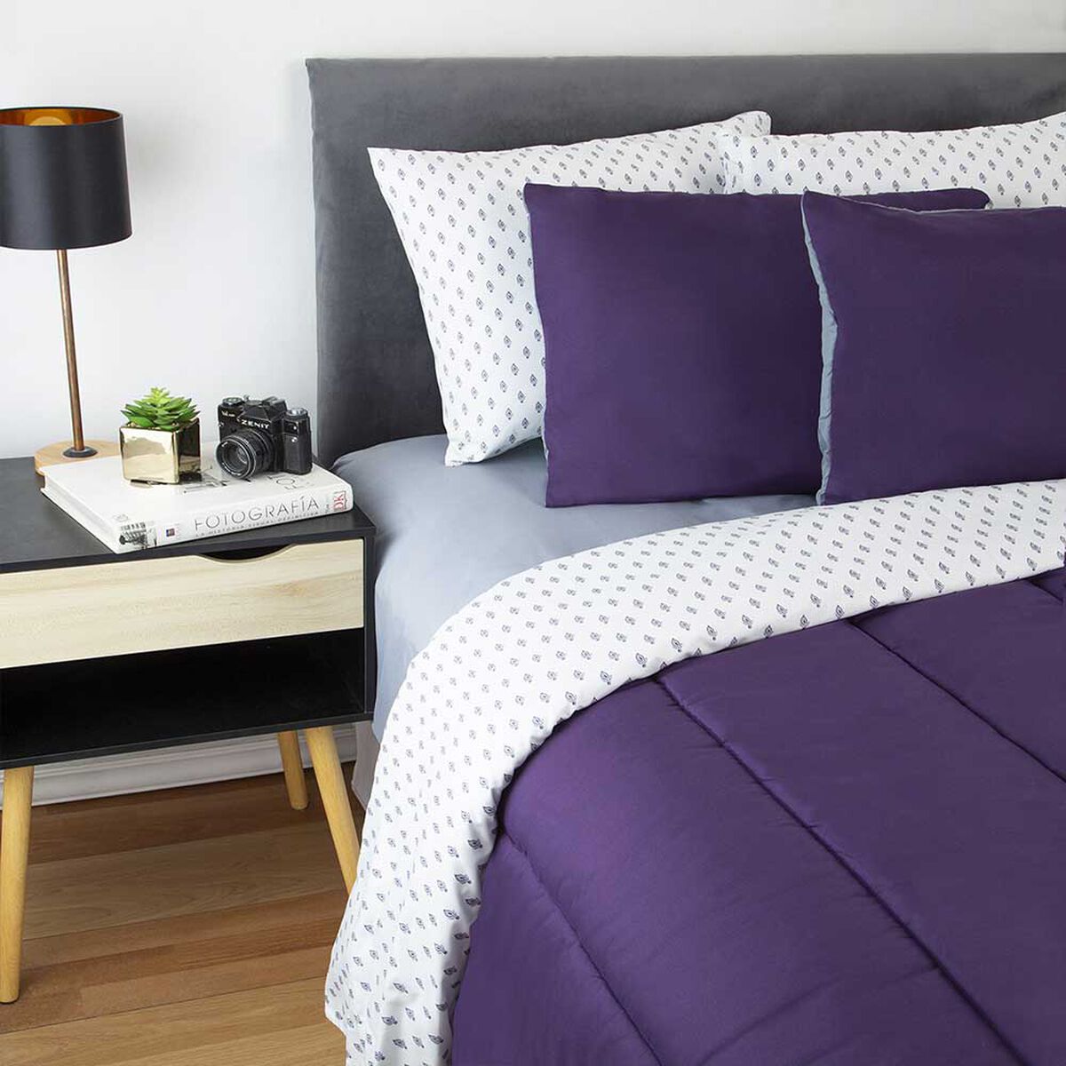Set Plum&oacute;n Bicolor + Juego de S&aacute;banas Zibel 2 Plazas Mora Gris