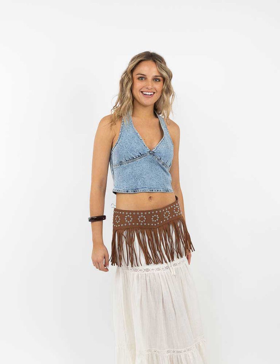 Blusa Crop Denim Sin Mangas Mujer Icono