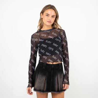 Polera Crop Transparente Estampada Manga Larga Mujer Icono