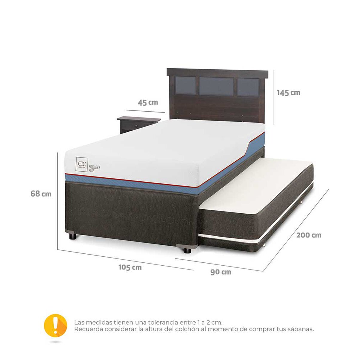 Cama Nido CIC 1,5 Plazas Excellence Plus + Respaldo + Velador Dublin