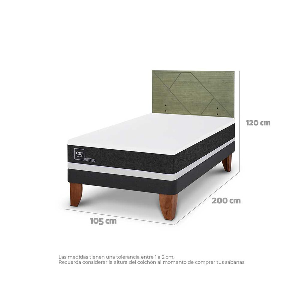 Cama Europea CIC 1,5 Plazas Ortopedic + Respaldo Villarrica Olivo