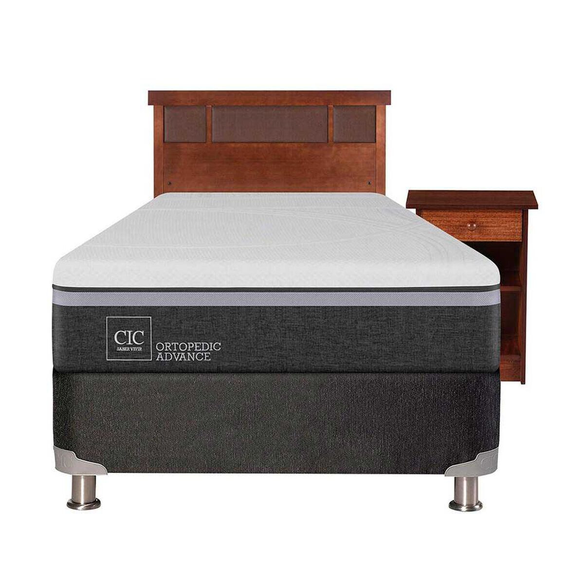 Box Spring CIC 1,5 Plazas Ortopedic Advance + Respaldo + Velador New Dublin