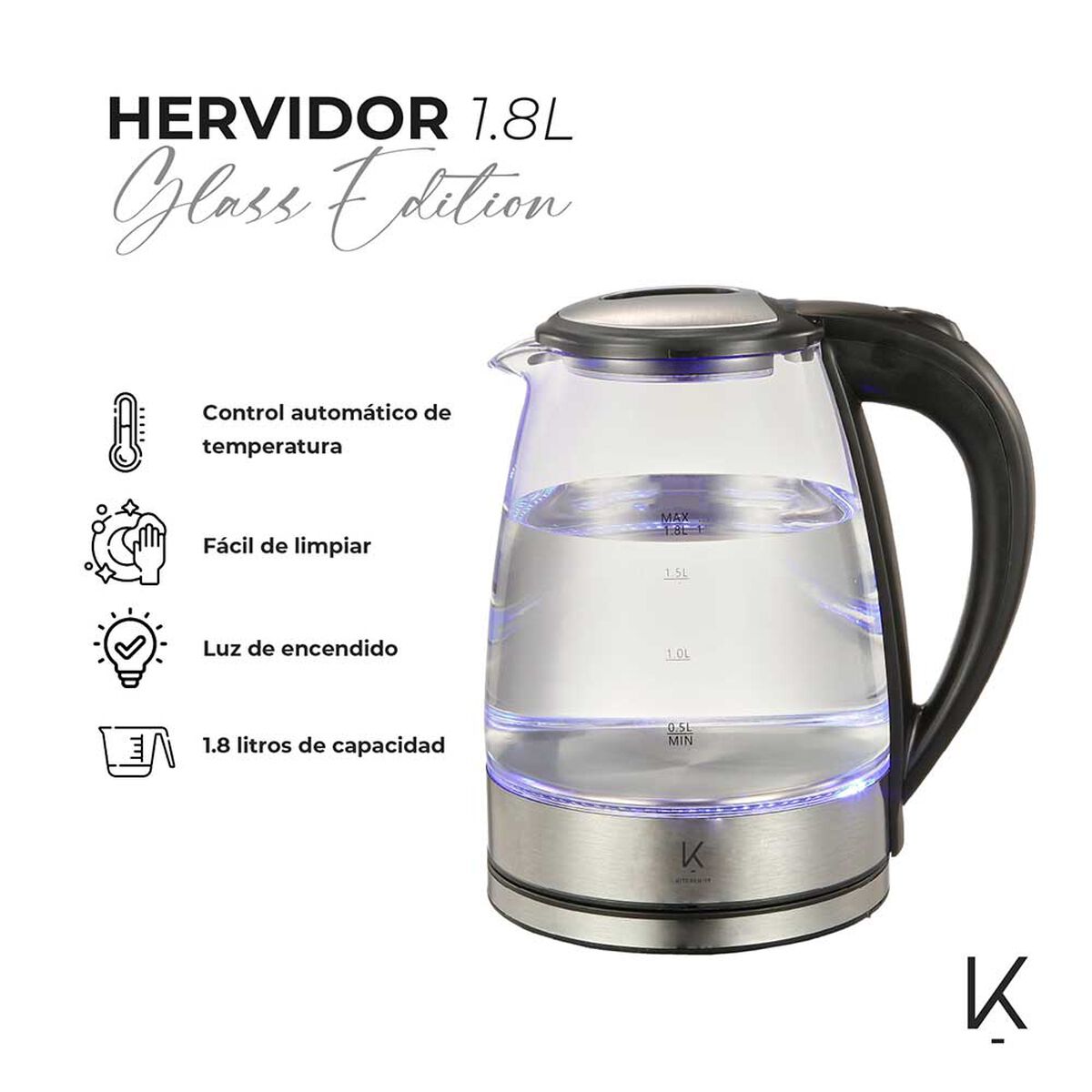 Hervidor El&eacute;ctrico Kitchen-it Glass Edition 1,8 lts.