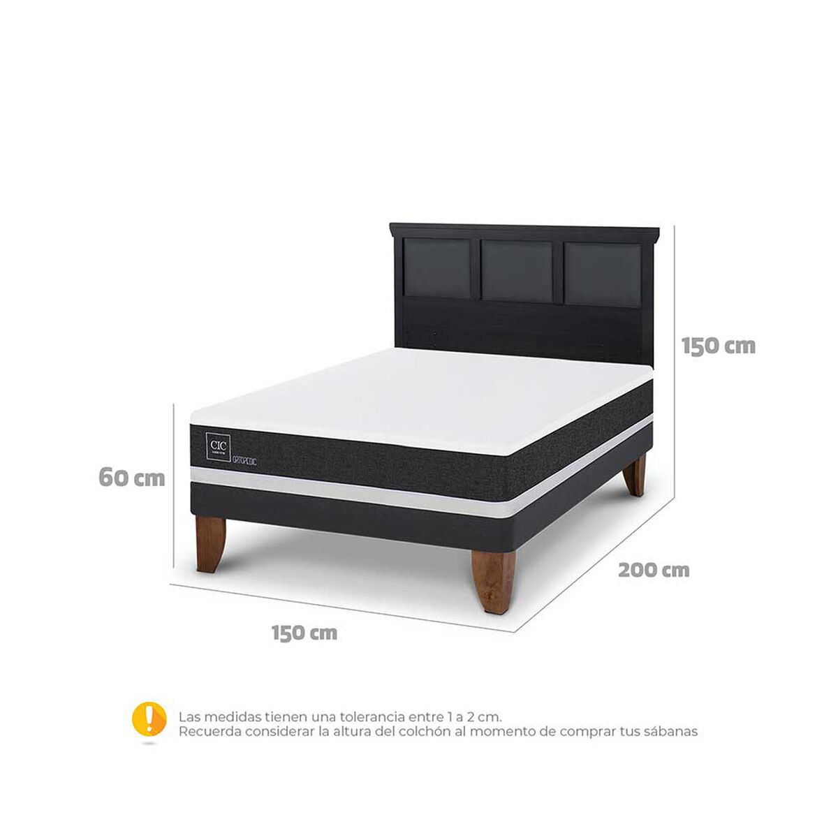 Cama Europea CIC 2 Plazas Ortopedic + Respaldo Torino Negro