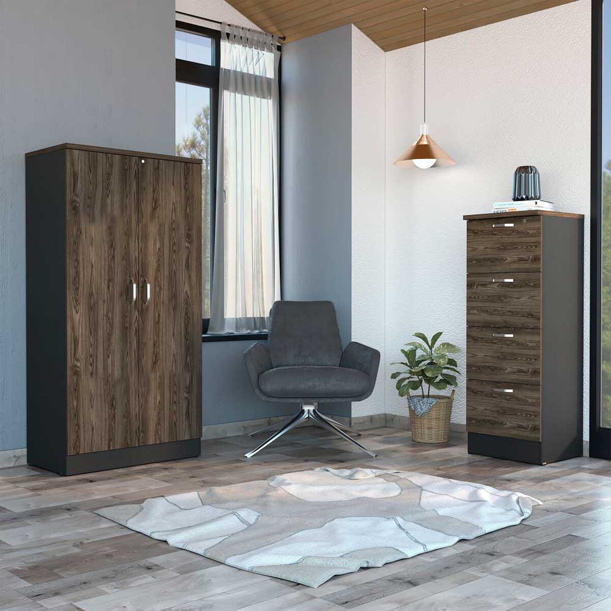 Combo Archivador 4 Cajones + Gabinete 2 Puertas TuHome Home Office Negro Soft-Co&ntilde;ac