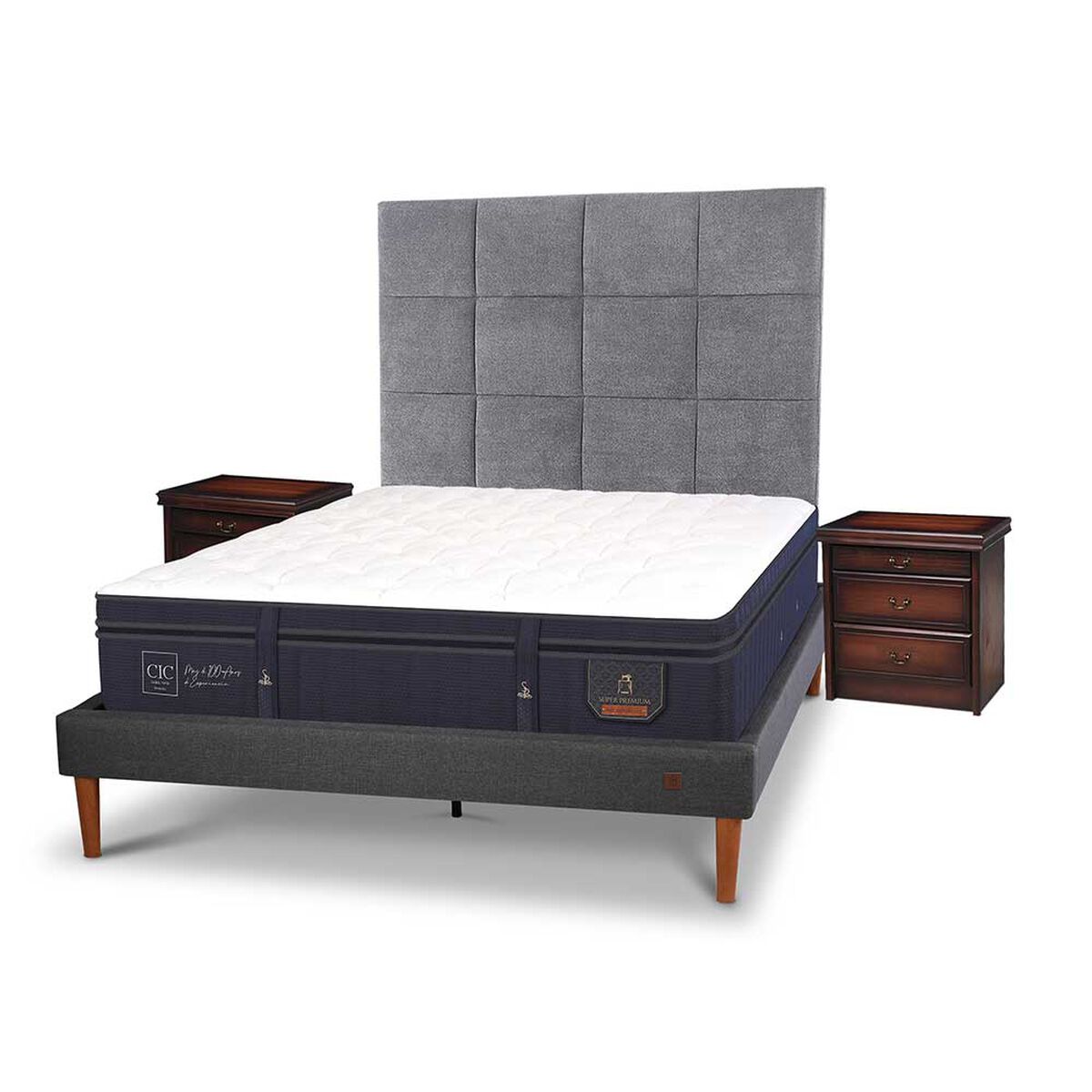 Cama Europea CIC 2 Plazas Súper Premium + Respaldo + 2 Veladores Tamesis